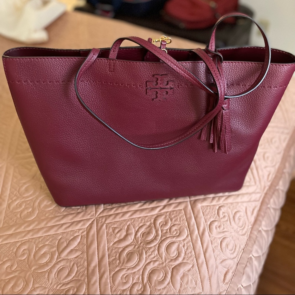 Tory Burch Port/Imperial Garnet Burgundy Leather McGraw Tote Bag